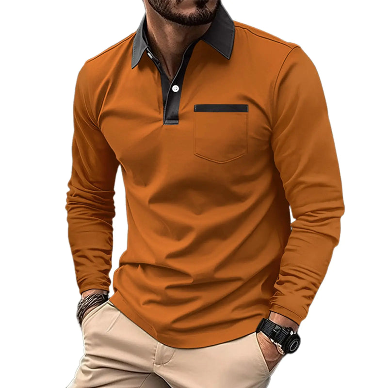 PEVOSU Mens Long Sleeve Polo Shirts Casual Cotton Polo T Shirt with Pocket Classic Button Collared Golf Shirt Orange