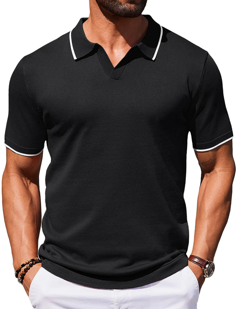 COOFANDY Mens Knit Polo Golf Shirt Classic Short Sleeve Summer Textured Shirt Regular Fit Black